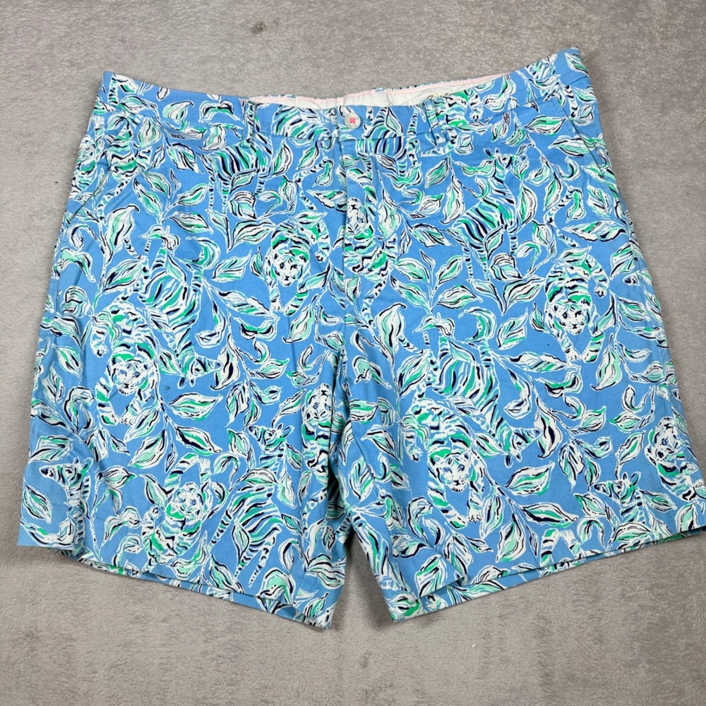 Lilly Pulitzer Beaumont Shorts Mens 42 Blue Tiger Lily Print Stretch Cotton
